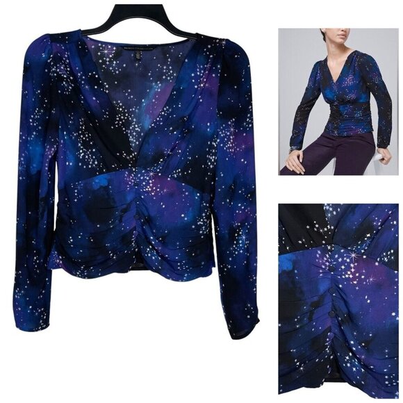 White House Black Market Womens Blouse Size 4 Stars Pattern V-Neck Ruched Front - Picture 1 of 9